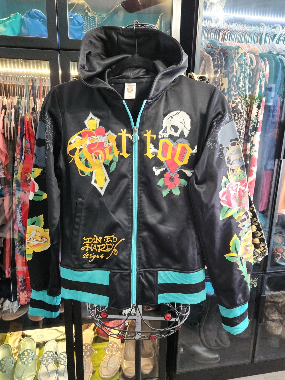 2005 Ed Hardy Black Hoodie Jacket with Teal Trim and Tattoo Graphics